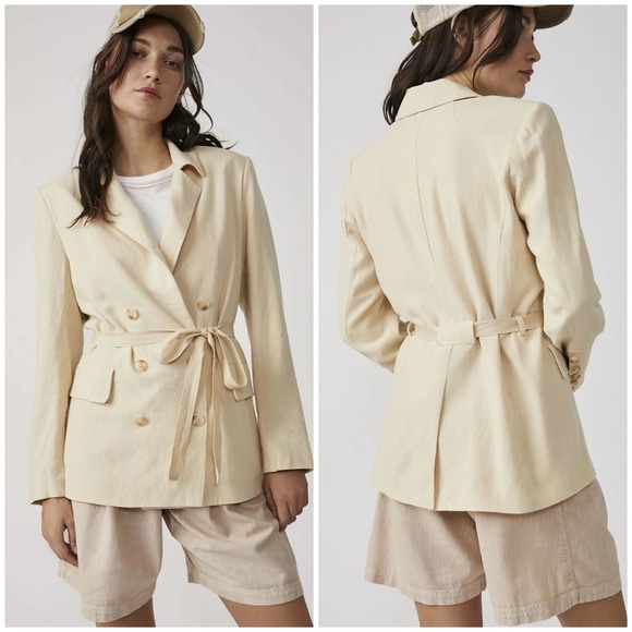 Free People  Tie Waist Linen Blend Blazer Size Medium Cream NWT - Picture 3 of 6
